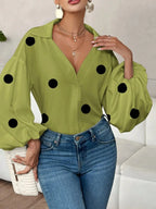 Sarah Express Women's Polka Dot Balloon Sleeve Blouse - Oversized Button-Up Top