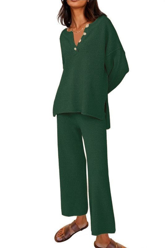 Sarah Express Women's Two-Piece Leisure Set Long Sleeve Top and Pants Casual Suit Dark Green