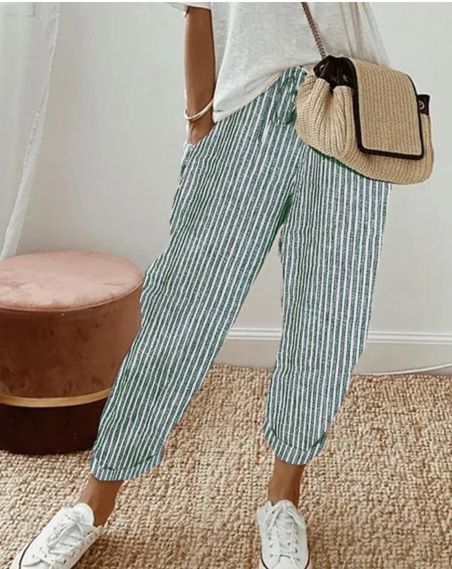 Women's Summer Striped Casual Pants - Loose Fit Elastic Waist Trousers