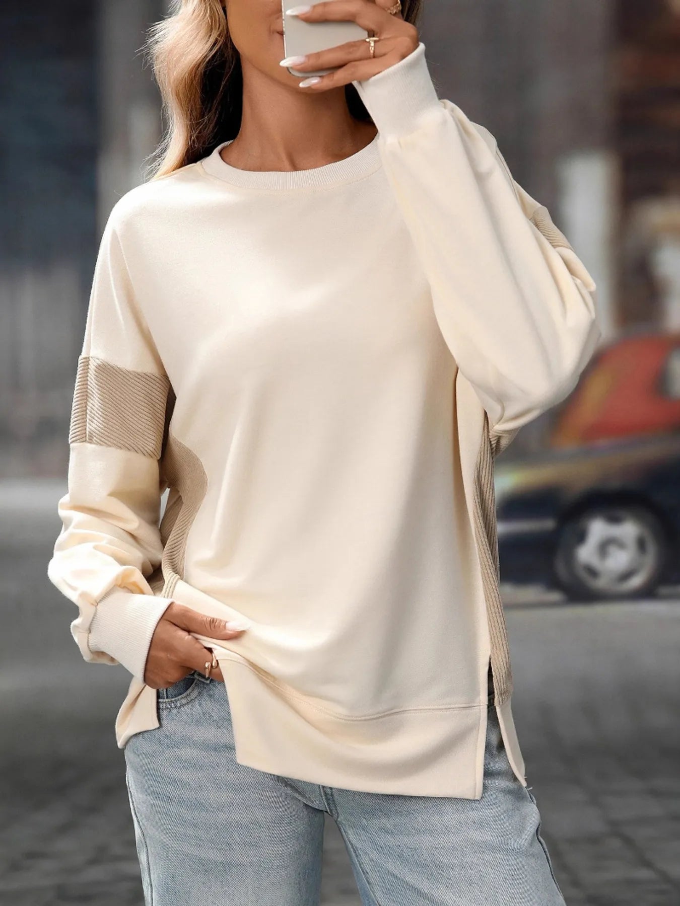 Sarah Express Women's Crew Neck Color-Blocked Drop-Shoulder Slit Sweatshirt