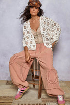 Sarah Express Women’s Openwork Chenille Cardigan with Floral Contrast V-Neck