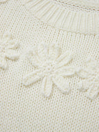 Sarah Express Women's Flower Detail Round Neck Puff Sleeve Sweater