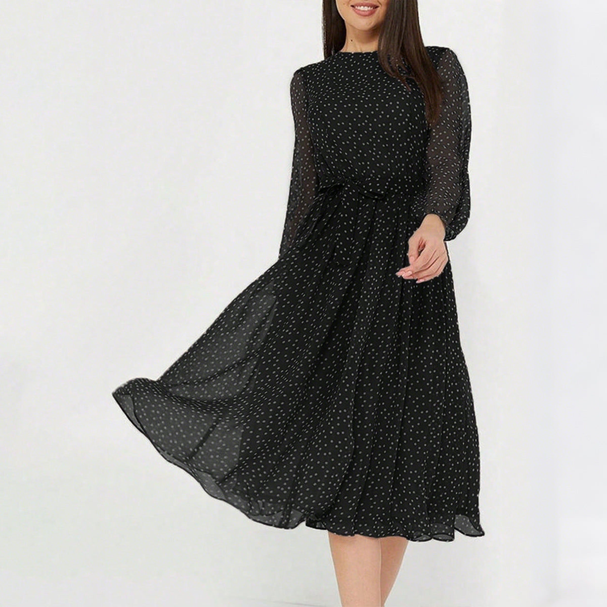 Women's Polka Dot Maxi Dress Long Puff Sleeve High Waist A-Line