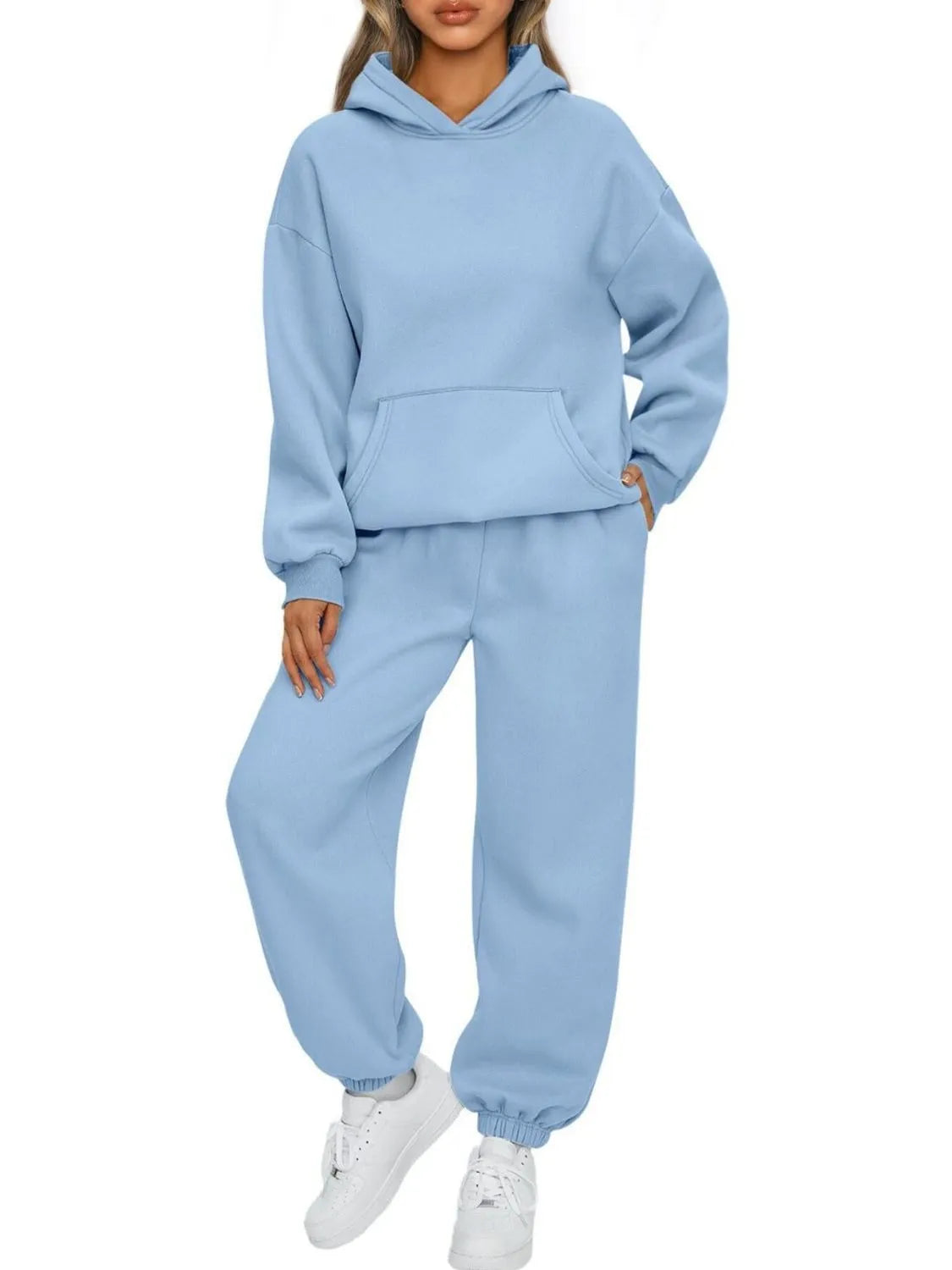Sarah Express Women's Kangaroo Pocket Hoodie and Joggers Set Plus Size Light Blue