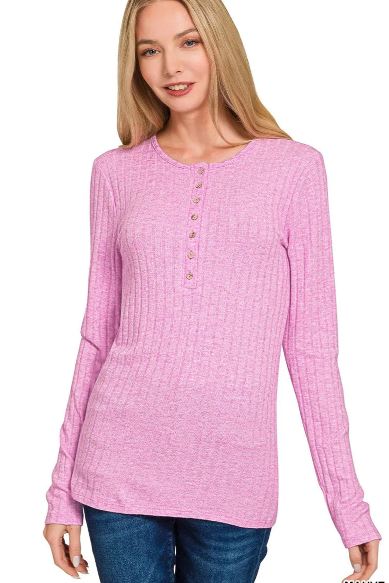 Sarah Express Women’s Ribbed Half Button Long Sleeve Top Casual