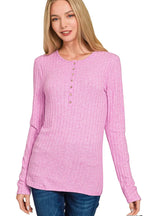 Sarah Express Women’s Ribbed Half Button Long Sleeve Top Casual