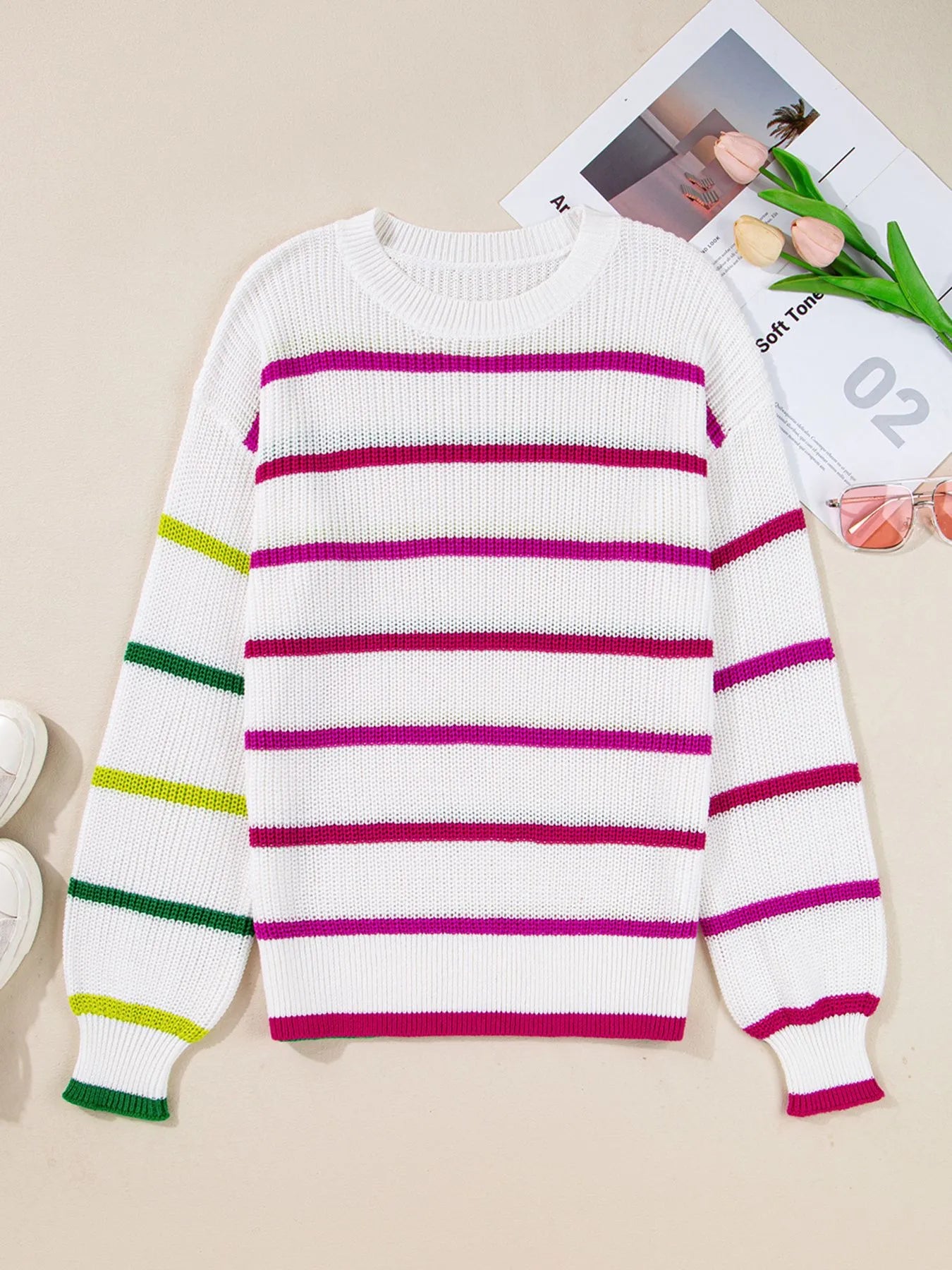 Sarah Express Women's Striped Drop Shoulder Crew Neck Sweater