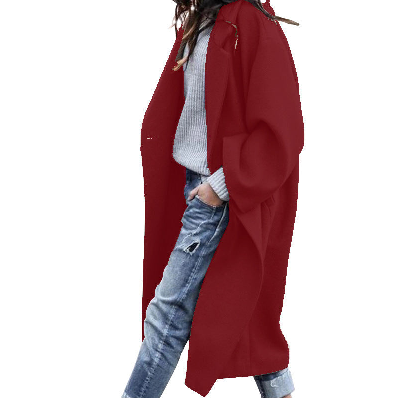 Women's Single Breasted Woolen Lapel Coat with Pockets Long Winter Jacket