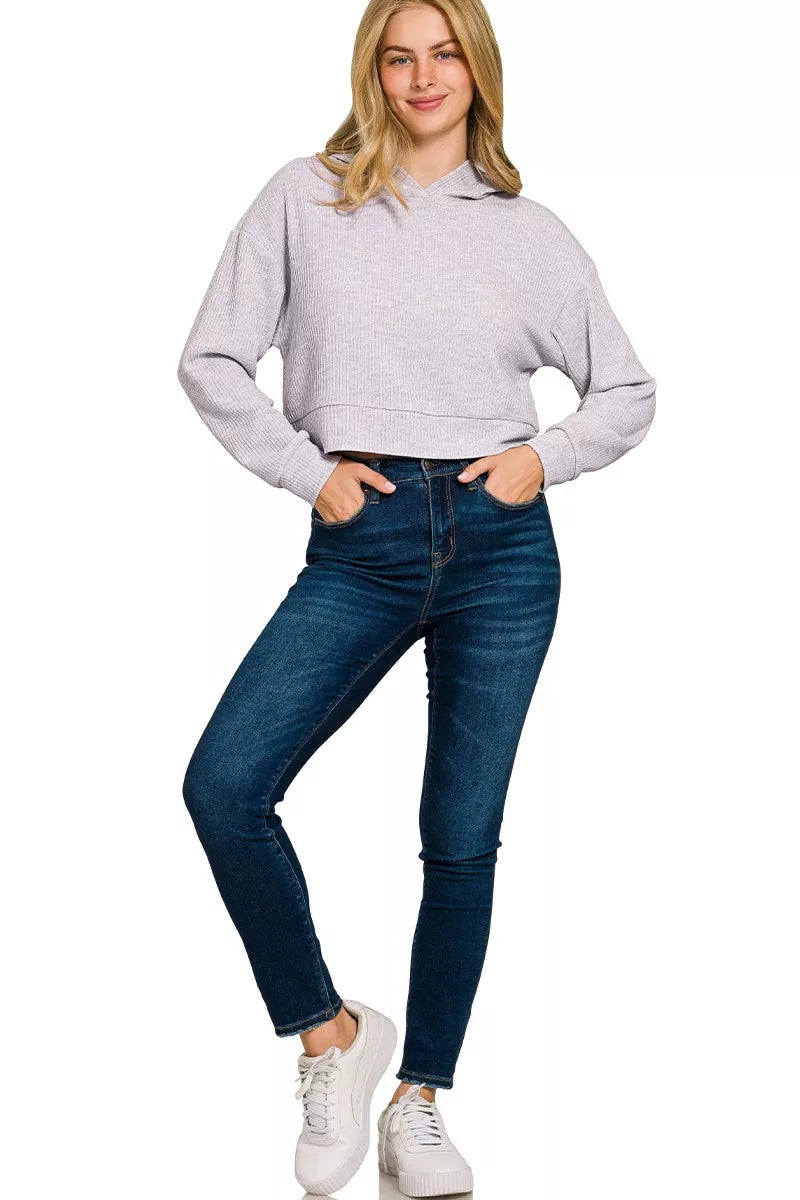 Sarah Express Women’s Ribbed Drop Shoulder Cropped Hoodie Casual