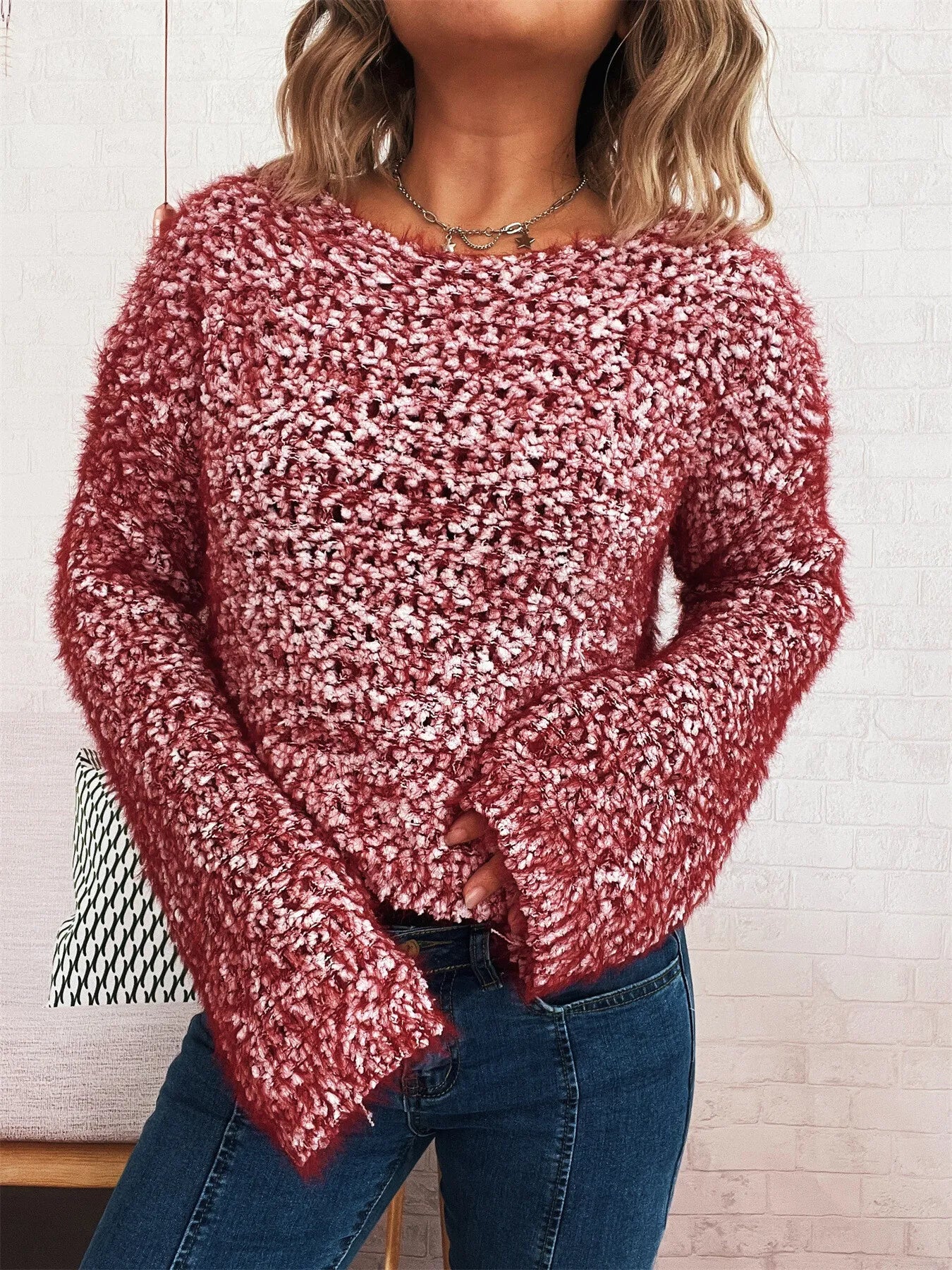 Sarah Express Women's Crochet Round Neck Dropped Shoulder Sweater Burgundy One Size