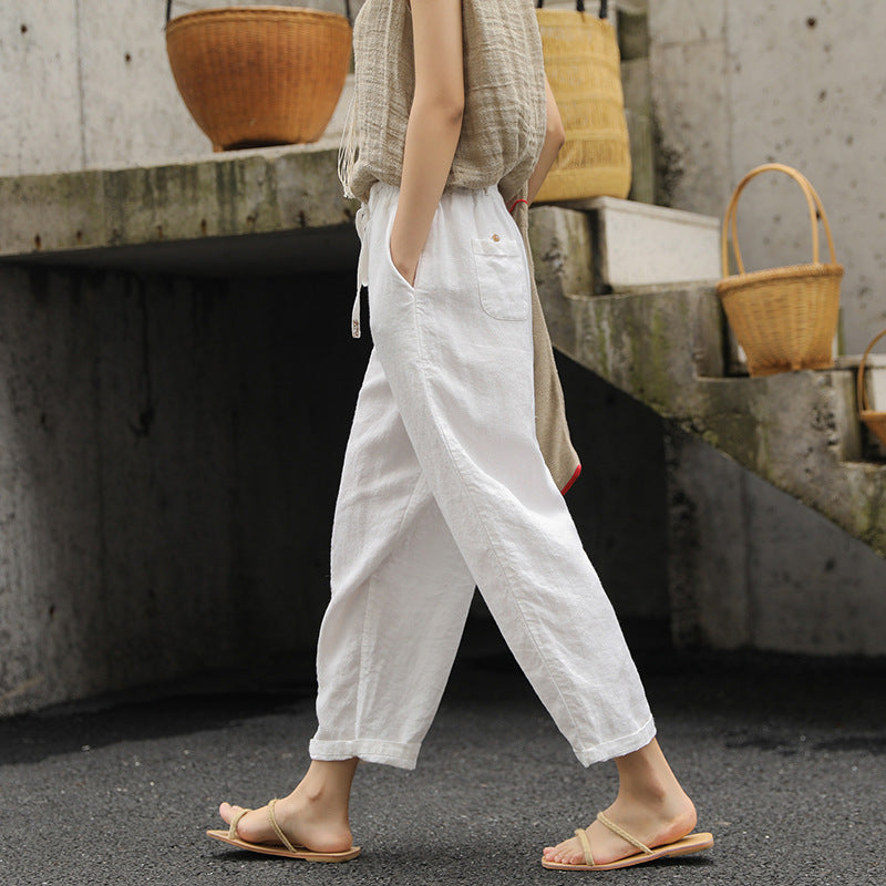 Women's Linen Cropped Pants - Washed Artistic Baggy Trousers with Embroidery & Belt
