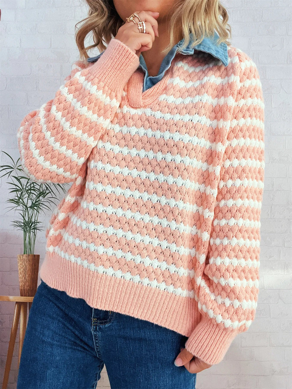 Sarah Express Women's Contrast Striped Sweater with Denim Collar - Openwork Knit Pullover