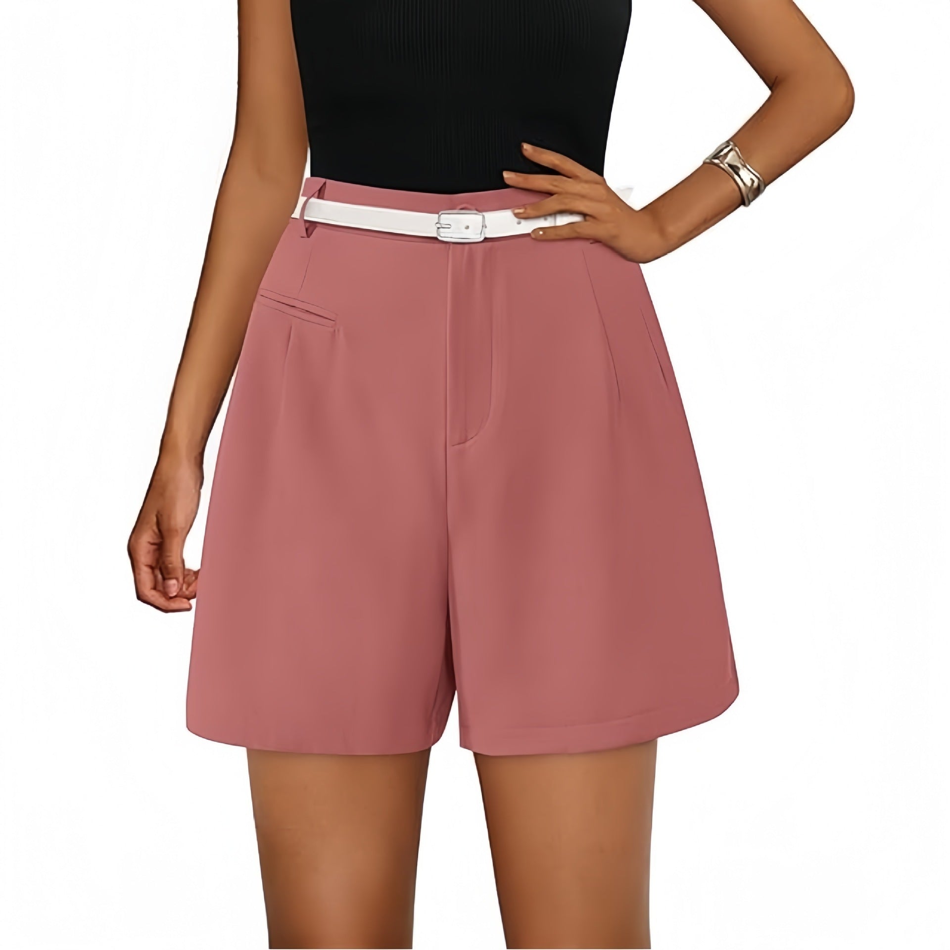 High Waist Wide Leg Casual Shorts Elastic Waistband Bermuda Length