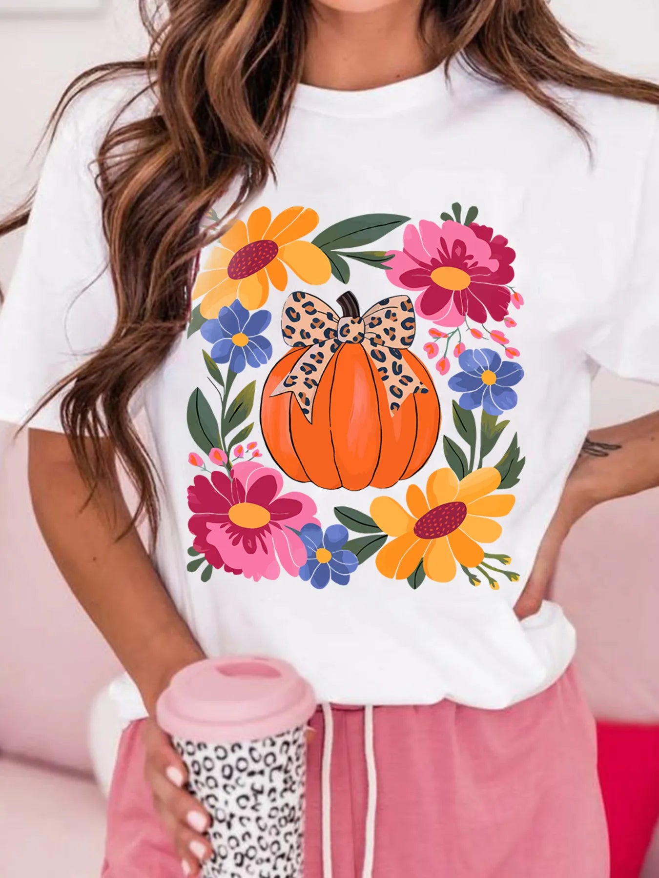Sarah Express Women's Pumpkin Floral Graphic Round Neck T-Shirt