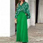 Women's Printed Shirt Wide Leg Pants Set Long Sleeve