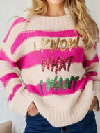 Sarah Express Women's Sequin Letter Graphic Colorblock Loose Sweater Fuchsia Pink