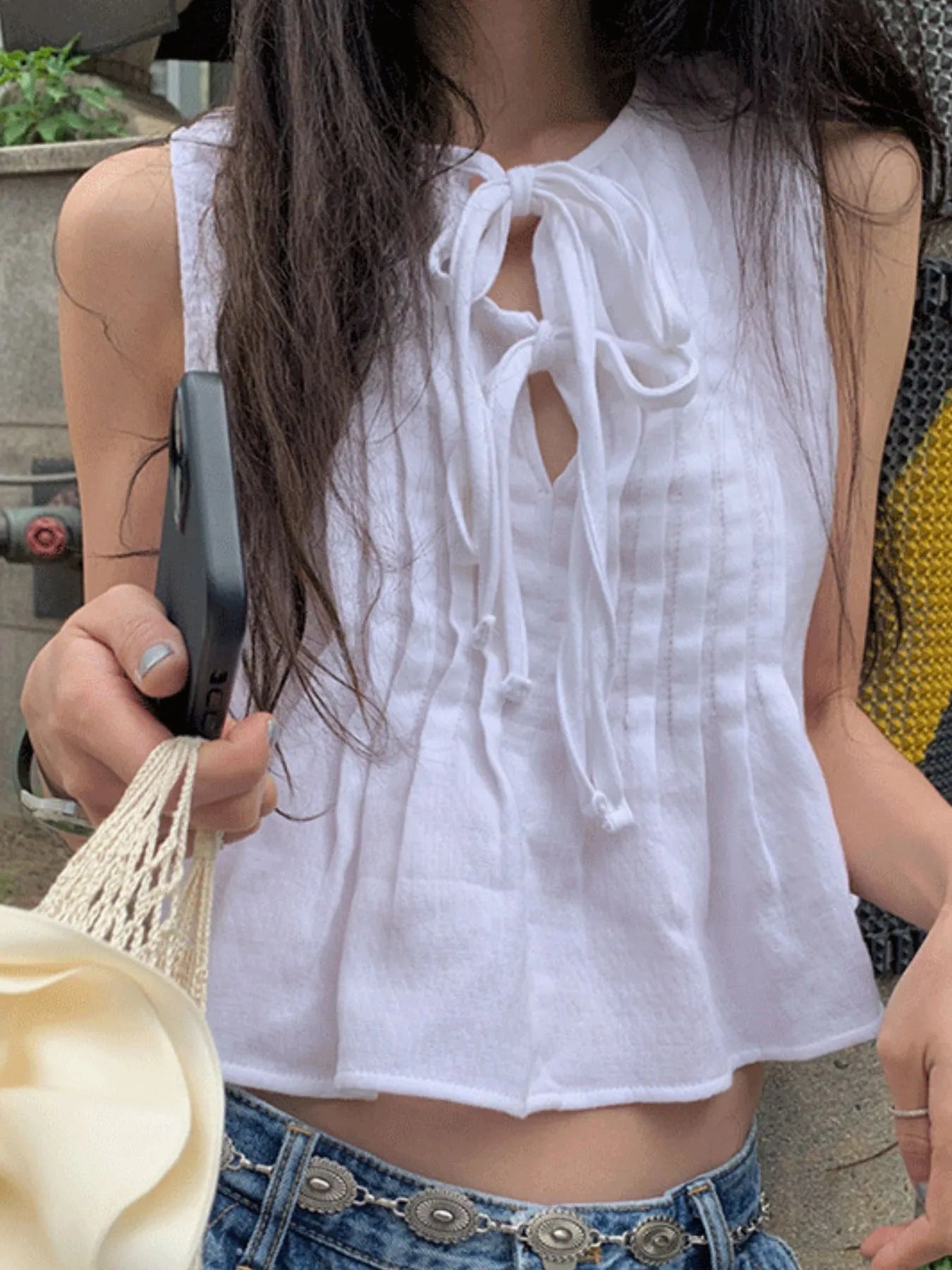 Sarah Express Women's Tie-Front Sleeveless Summer Blouse White