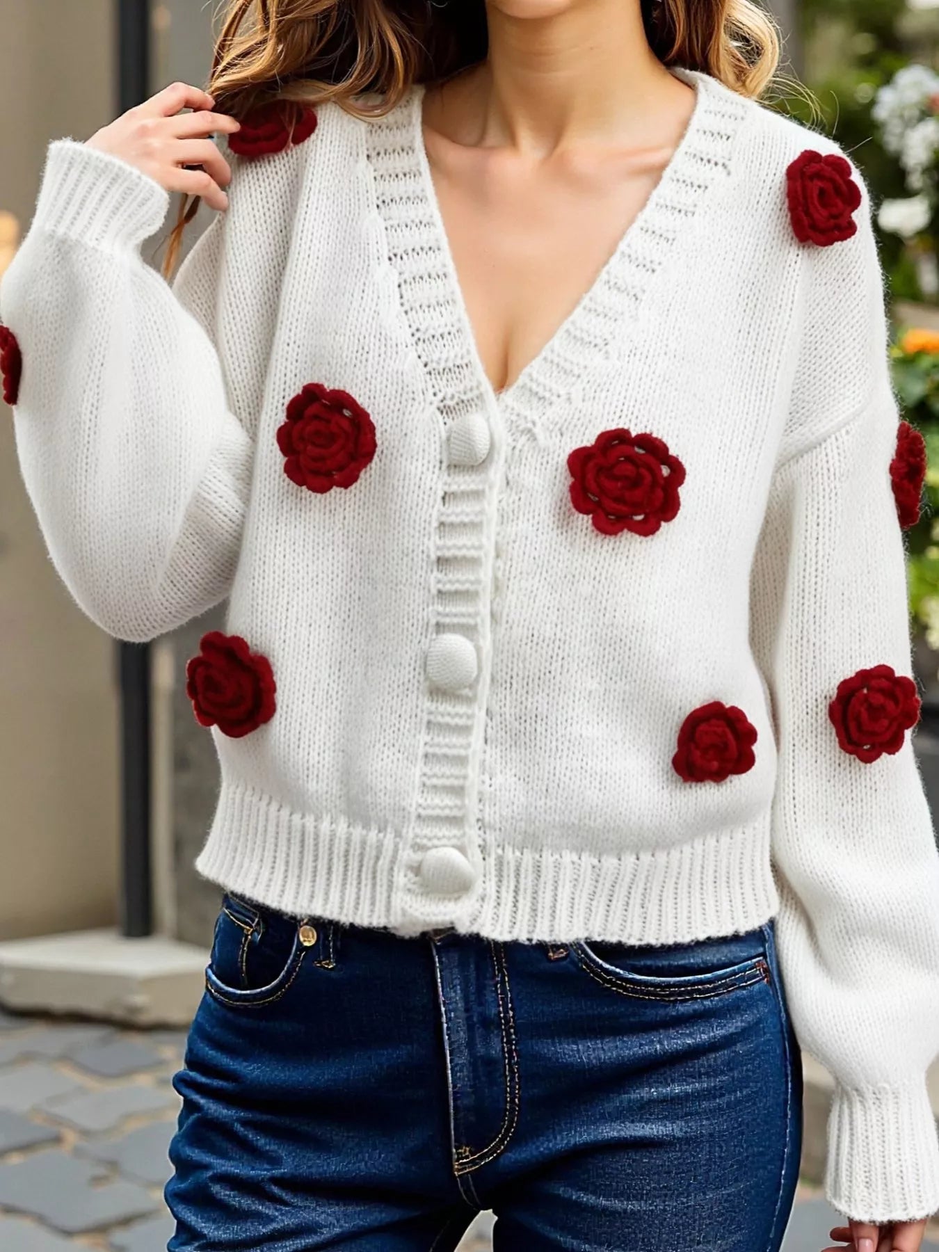 Sarah Express Women's Rose Embellished V-Neck Cardigan - Button Front Sweater