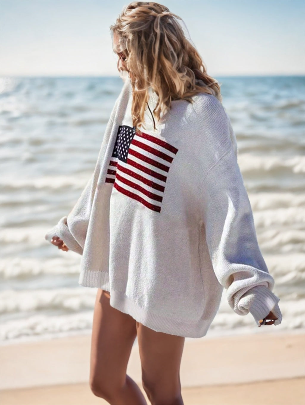 USA Flag Drop Shoulder Long Sleeve Sweater Women