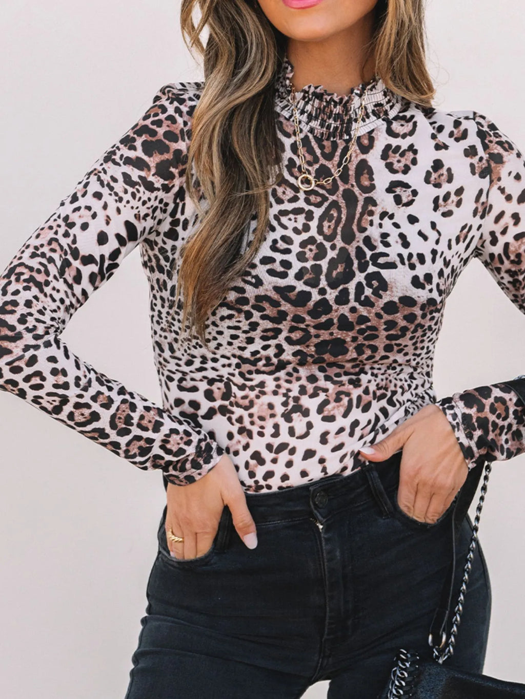 Sarah Express Women's Leopard Print Long Sleeve Mock Neck Bodysuit