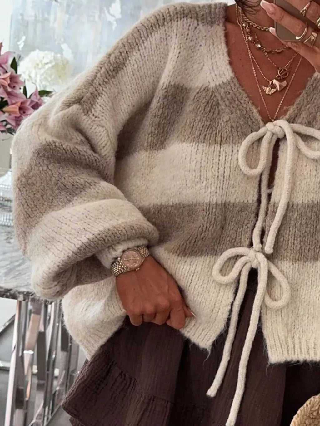 Sarah Express Women's Striped Tie-Front Knit Cardigan