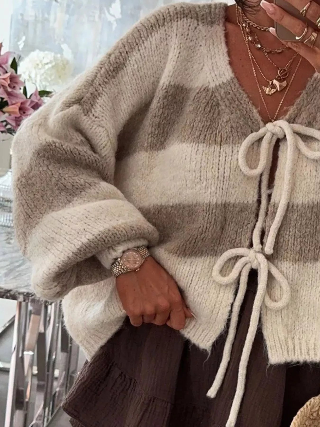 Sarah Express Women's Striped Tie-Front Knit Cardigan