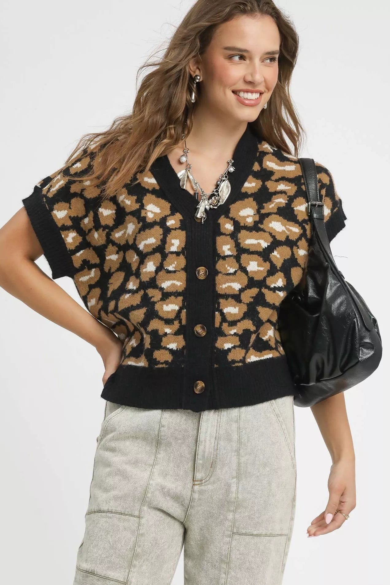 Sarah Express Women’s Leopard Print Knit Cardigan Button-Down Casual All-Season Black