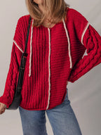 Sarah Express Women's Contrast Trim Cable-Knit Drawstring Hooded Sweater