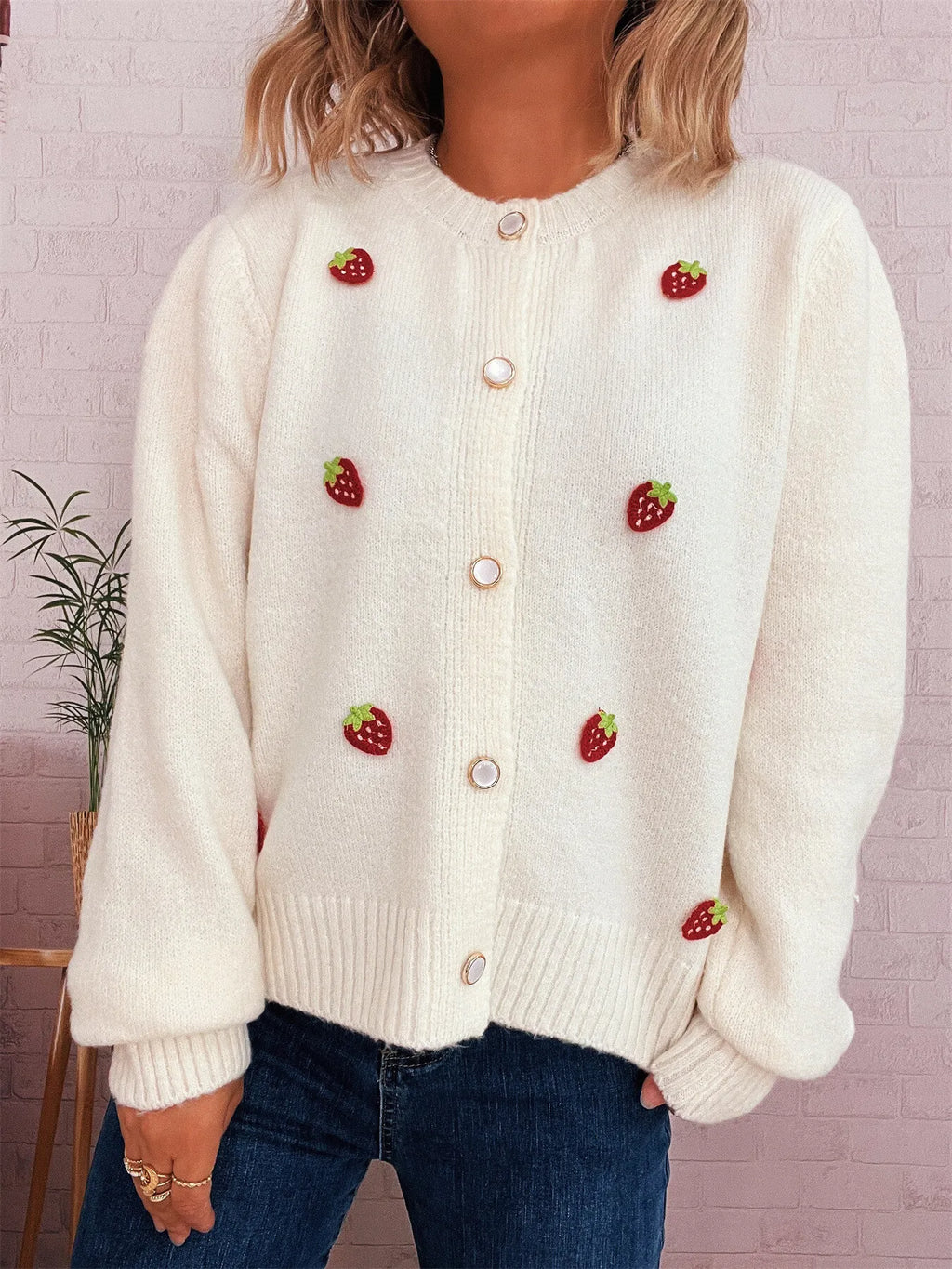 Sarah Express Women's Strawberry Button Up Long Sleeve Cardigan