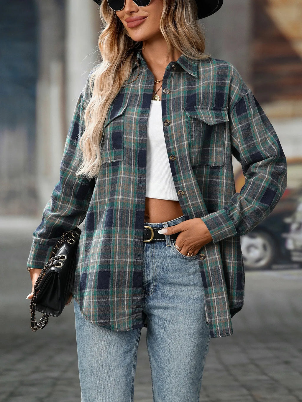 Sarah Express Women's Oversized Plaid Button-Up Shirt