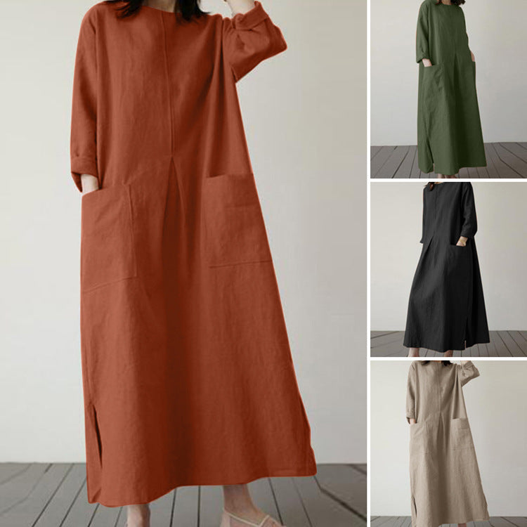 Women's Autumn Solid Color Elegant Cotton Dress Long Sleeve Wide Waist Basic Maxi Dress