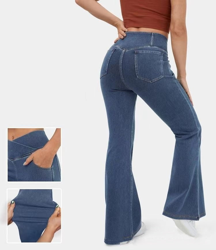 Women's Mid-Waist Bell Bottom Flare Jeans Denim Pants