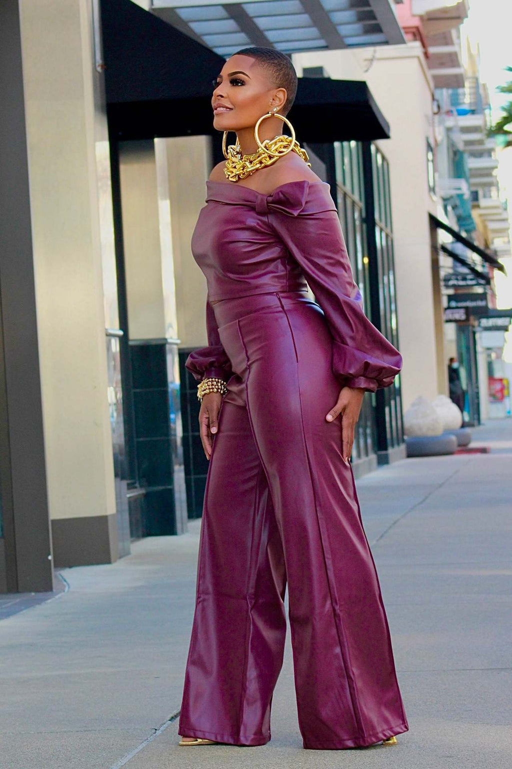 Women's Leather Accent 2-Piece Suit Set Wine Red