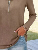 Sarah Express Women's Half Zip Long Sleeve Knit Top - Ribbed Pullover Sweater