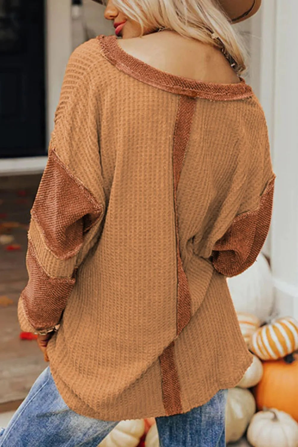 Sarah Express Women's Contrast Patched Waffle Knit Henley Top