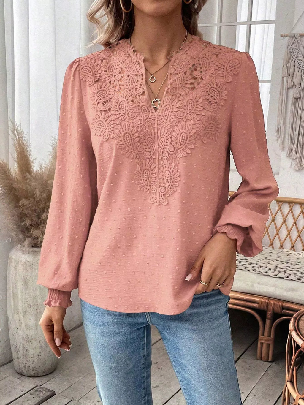 Sarah Express Women's Lace Trim Long Sleeve Blouse