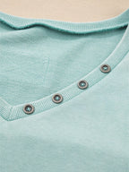 Sarah Express Women's Mineral Wash Exposed Seam Buttoned V Neck Top