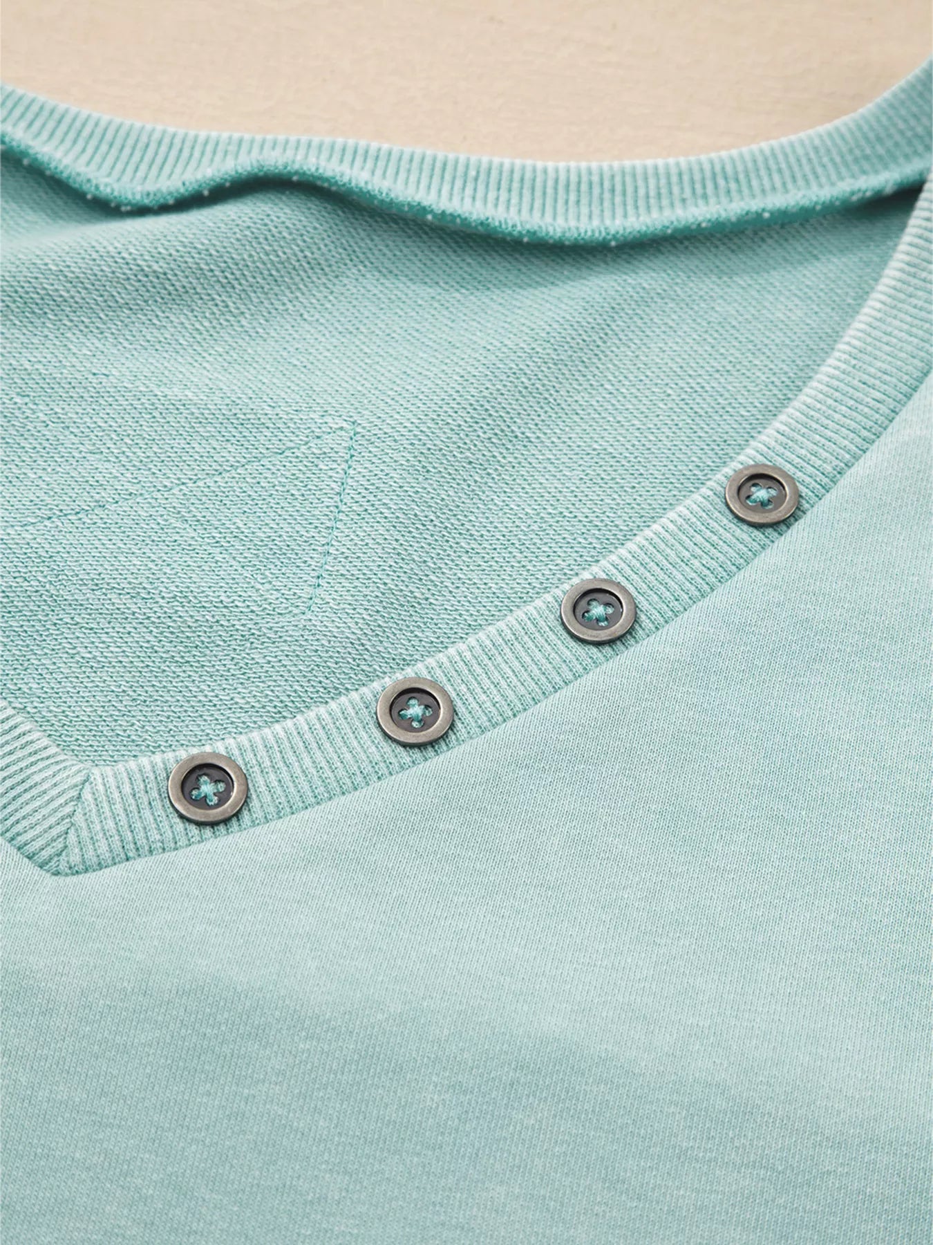 Sarah Express Women's Mineral Wash Exposed Seam Buttoned V Neck Top