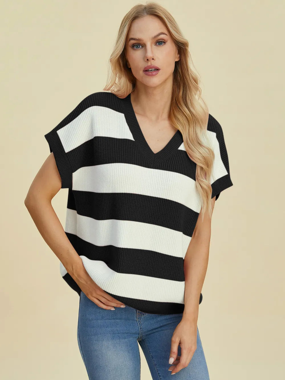 Sarah Express Women's Striped V-Neck Short Sleeve Sweater