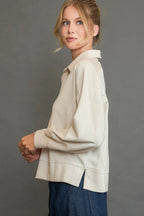 Collared Neck Long Sleeve Top with Raw Hem Detail
