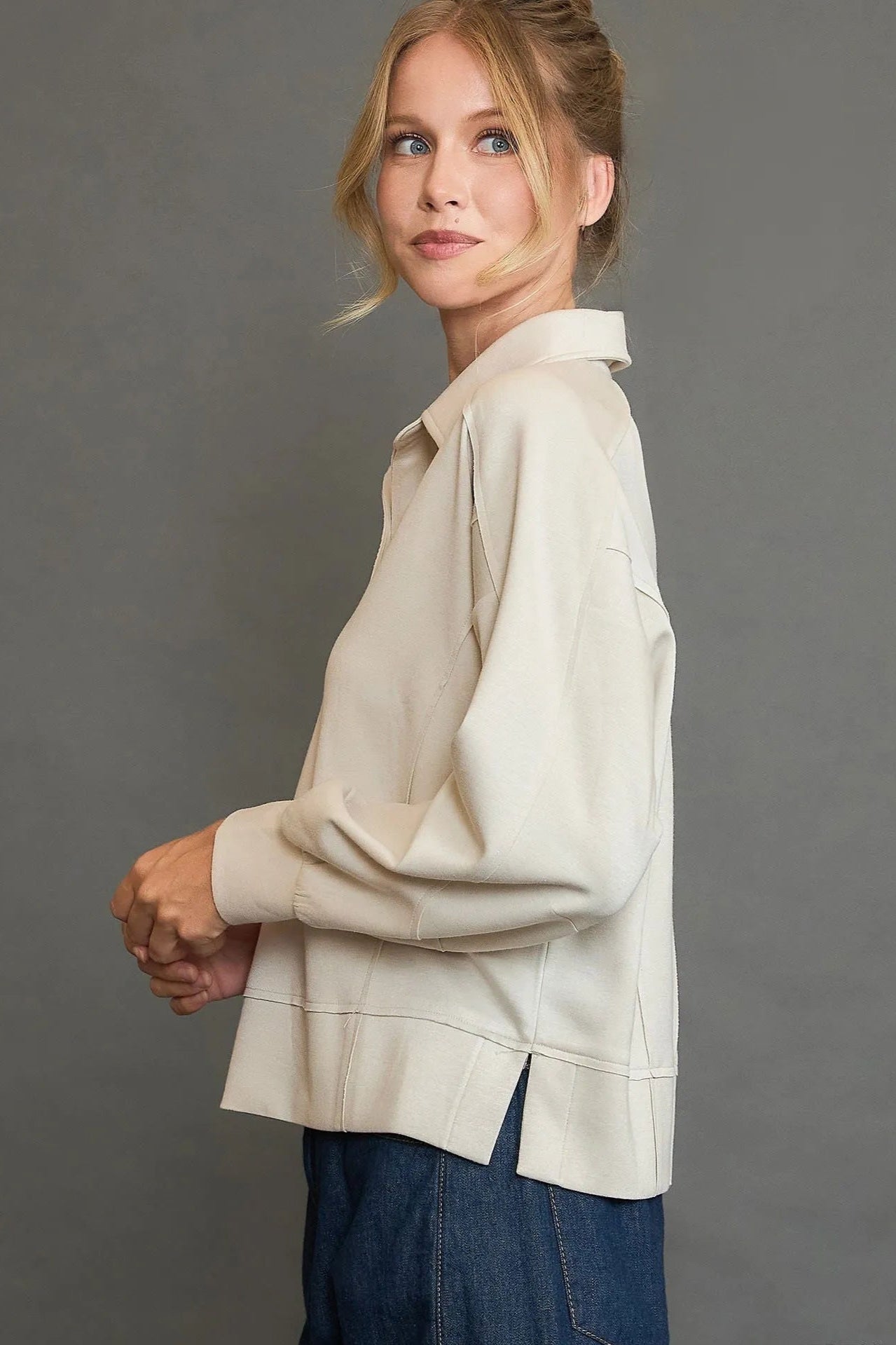 Collared Neck Long Sleeve Top with Raw Hem Detail