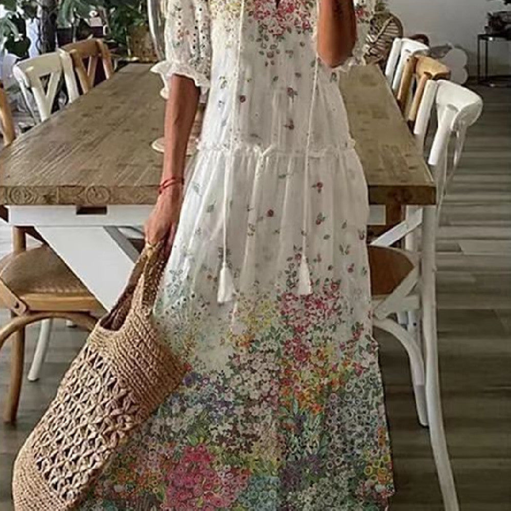 Women's Floral Print V-Neck Maxi Dress Short Sleeve A-Line Pullover