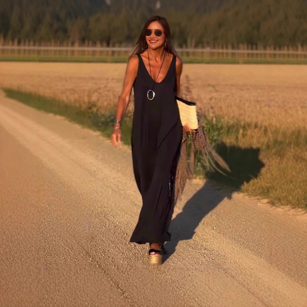 Women's V-Neck Cami Strap Maxi Dress Sleeveless Wide Waist Long Casual Summer Dress