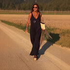 Women's V-Neck Cami Strap Maxi Dress Sleeveless Wide Waist Long Casual Summer Dress