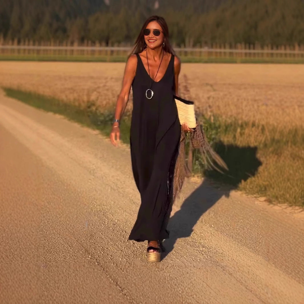 Women's V-Neck Cami Strap Maxi Dress Sleeveless Wide Waist Long Casual Summer Dress