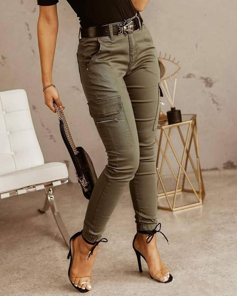 Women's Low Waist Cotton Blend Cargo Overalls Loose Fit Button Detail Trousers