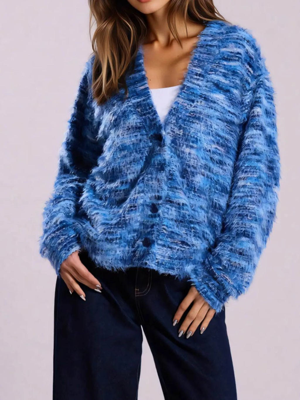 Sarah Express Women's Fuzzy Button Down Chunky Cardigan