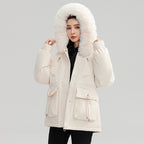 Sarah Express Women's Horn Button Parka Coat with Fur Collar Loose Fit Thick Winter Jacket