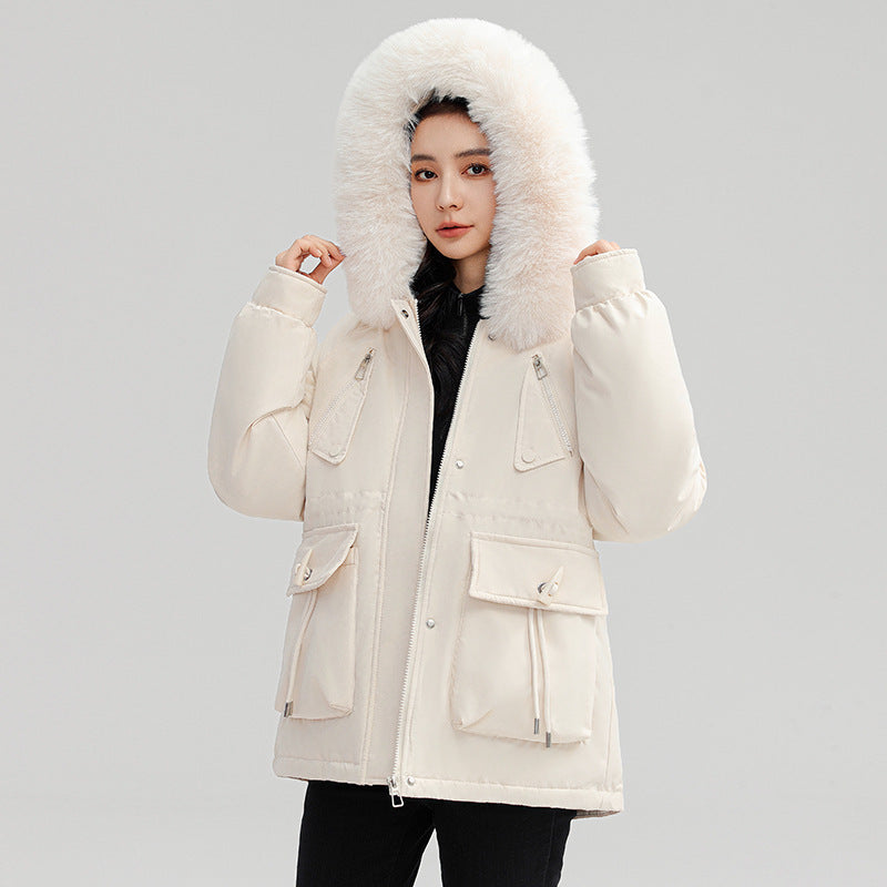 Sarah Express Women's Horn Button Parka Coat with Fur Collar Loose Fit Thick Winter Jacket