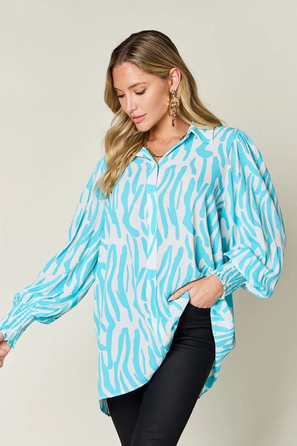 Sarah Express Women's Printed Smocked Long Sleeve Blouse Plus Size